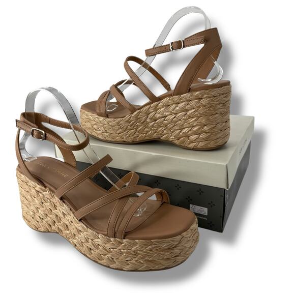 NEW Sun + Stone Brown Strappy Espadrille Wedges Size 9.5 Rattan NIB - Picture 1 of 12